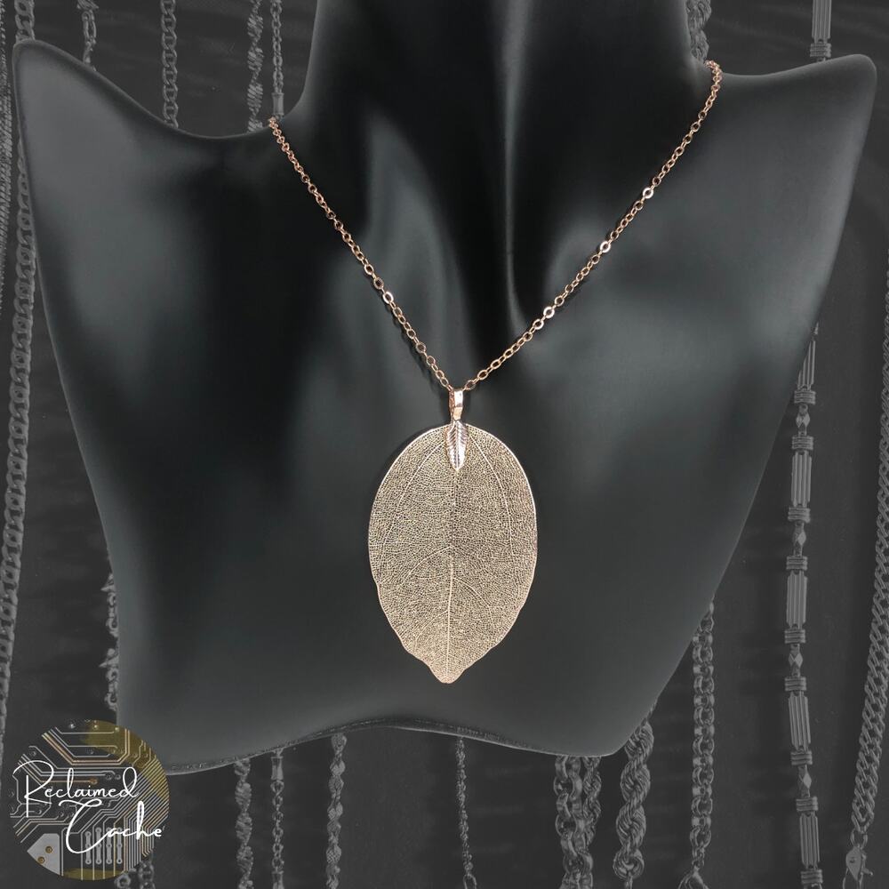 Rose Gold Filigree Leaf Long Chain Necklace